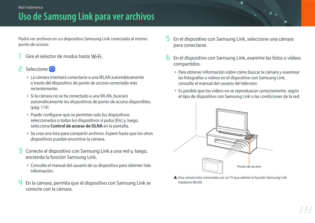 Samsung EV-NX3000BOHES, EV-NX3000BOIPT, EV-NX3000BOIFR, EV-NX3000BOHAT manual 131, Uso de Samsung Link para ver archivos 