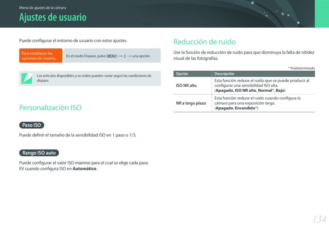 Samsung EV-NX3000BOIPT, EV-NX3000BOIFR, EV-NX3000BOHES Ajustes de usuario, 134, Personalización ISO, Reducción de ruido 
