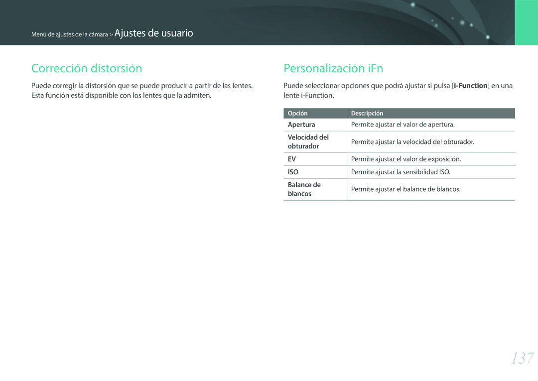 Samsung EV-NX3000BOHAT manual 137, Corrección distorsión, Personalización iFn, Permite ajustar la sensibilidad ISO 