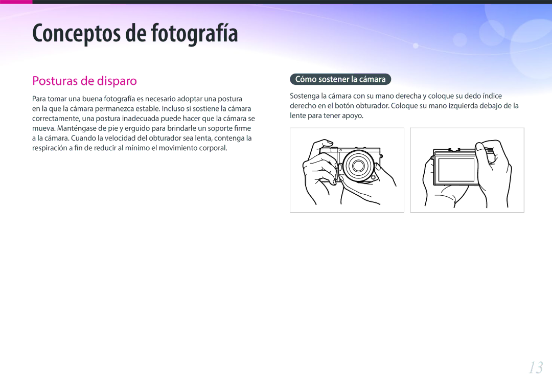 Samsung EV-NX3000BOIES, EV-NX3000BOIPT, EV-NX3000BOIFR, EV-NX3000BOHES manual Conceptos de fotografía, Cómo sostener la cámara 