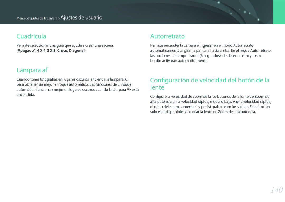 Samsung EV-NX3000BOIFR manual 140, Cuadrícula, Lámpara af, Autorretrato, Configuración de velocidad del botón de la lente 