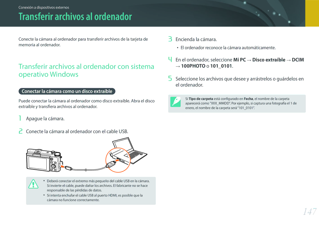 Samsung EV-NX3000BOHAT, EV-NX3000BOIPT, EV-NX3000BOIFR, EV-NX3000BOHES manual 147, Conectar la cámara como un disco extraíble 