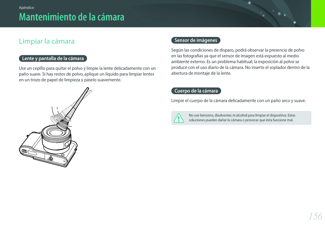 Samsung EV-NX3000BOHES, EV-NX3000BOIPT, EV-NX3000BOIFR, EV-NX3000BOHAT Mantenimiento de la cámara, 156, Limpiar la cámara 