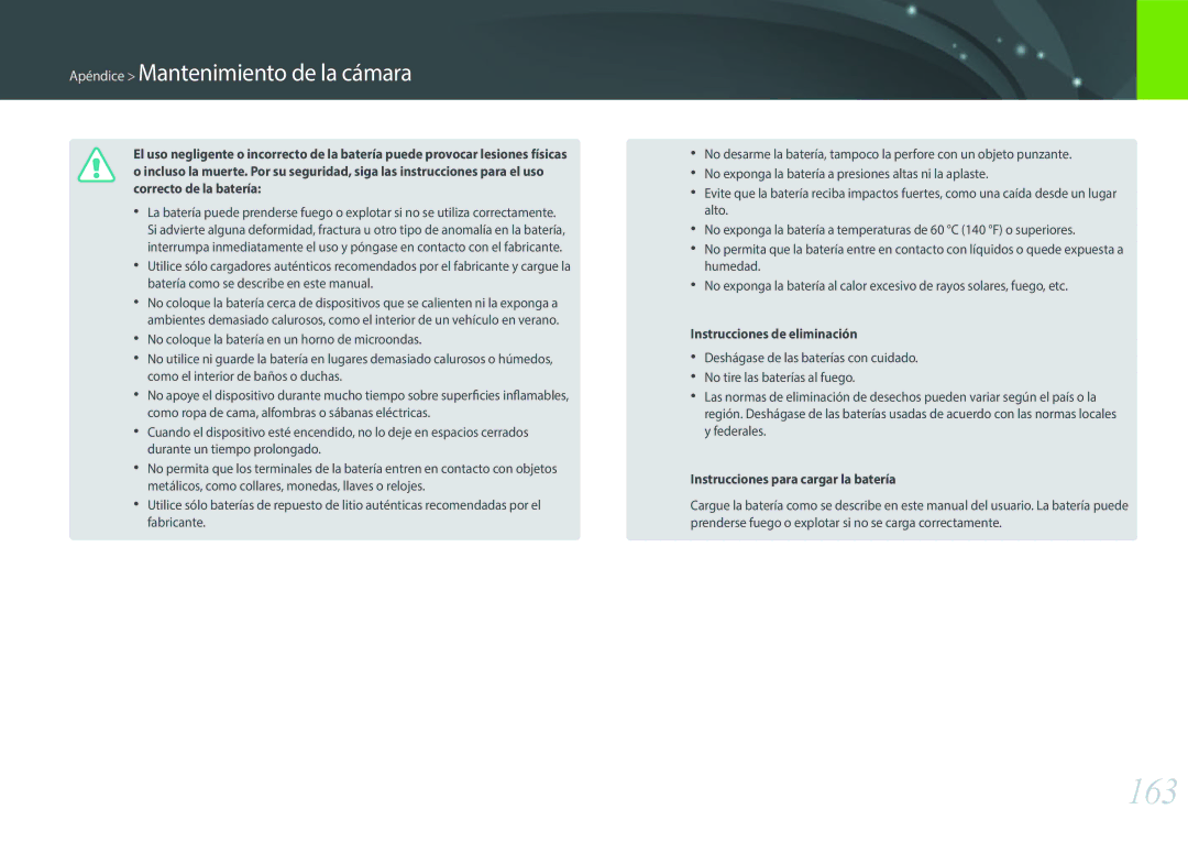 Samsung EV-NX3000BOIES, EV-NX3000BOIPT, EV-NX3000BOIFR, EV-NX3000BOHES, EV-NX3000BOHAT manual 163, Instrucciones de eliminación 