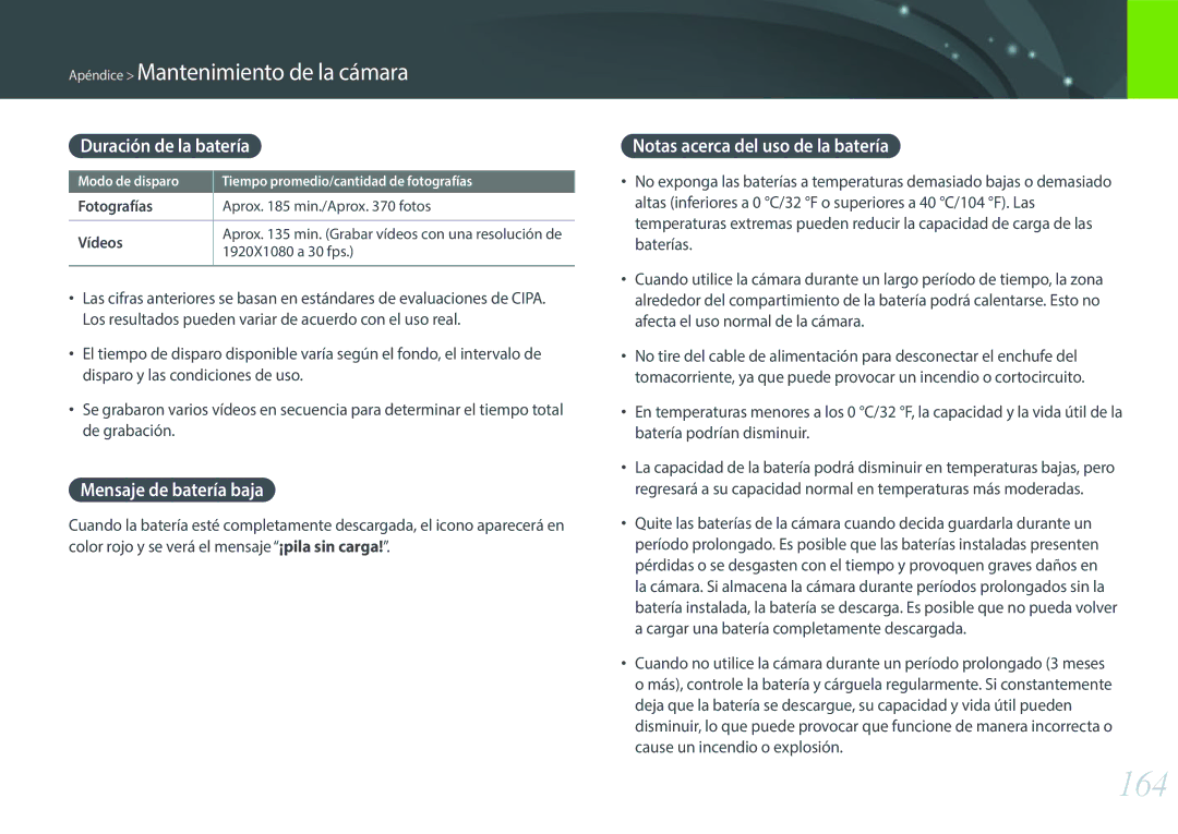 Samsung EV-NX3000BOIPT manual 164, Duración de la batería, Mensaje de batería baja, Notas acerca del uso de la batería 