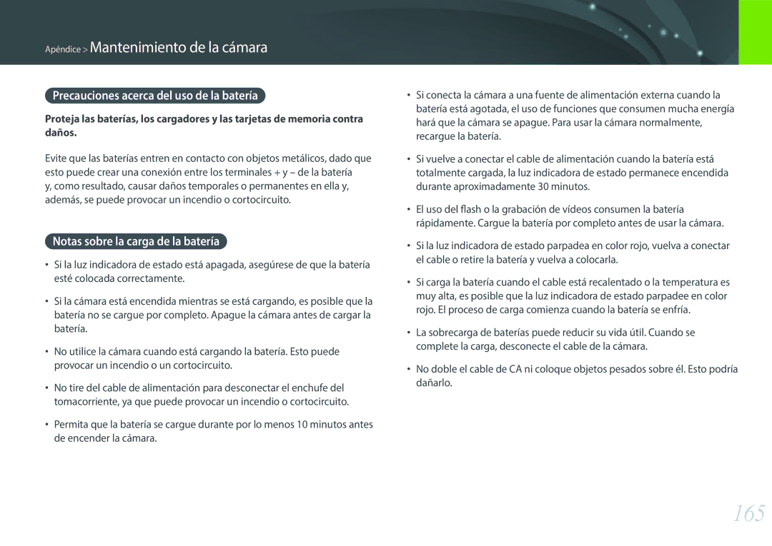 Samsung EV-NX3000BOIFR, EV-NX3000BOIPT 165, Precauciones acerca del uso de la batería, Notas sobre la carga de la batería 