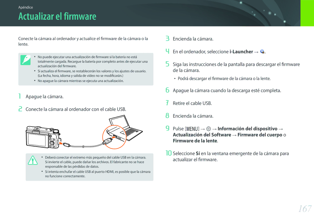 Samsung EV-NX3000BOHAT, EV-NX3000BOIPT, EV-NX3000BOIFR, EV-NX3000BOHES, EV-NX3000BOIES manual Actualizar el firmware, 167 