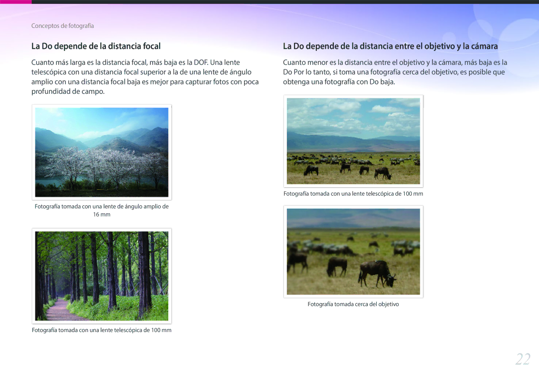 Samsung EV-NX3000BOHAT La Do depende de la distancia focal, La Do depende de la distancia entre el objetivo y la cámara 