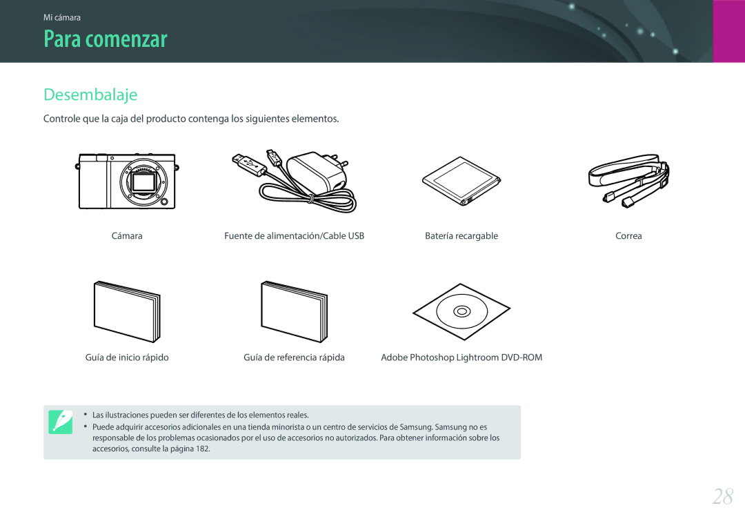 Samsung EV-NX3000BOIES manual Para comenzar, Desembalaje, Cámara Fuente de alimentación/Cable USB Batería recargable 