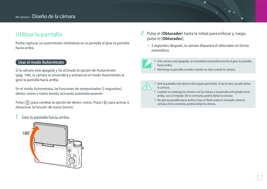 Samsung EV-NX3000BOHAT, EV-NX3000BOIPT manual Utilizar la pantalla, Usar el modo Autorretrato, Gire la pantalla hacia arriba 