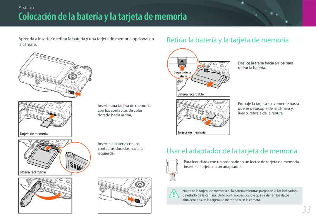 Samsung EV-NX3000BOIES manual Colocación de la batería y la tarjeta de memoria, Usar el adaptador de la tarjeta de memoria 