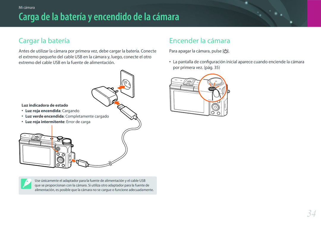 Samsung EV-NX3000BOIPT, EV-NX3000BOIFR Carga de la batería y encendido de la cámara, Cargar la batería, Encender la cámara 