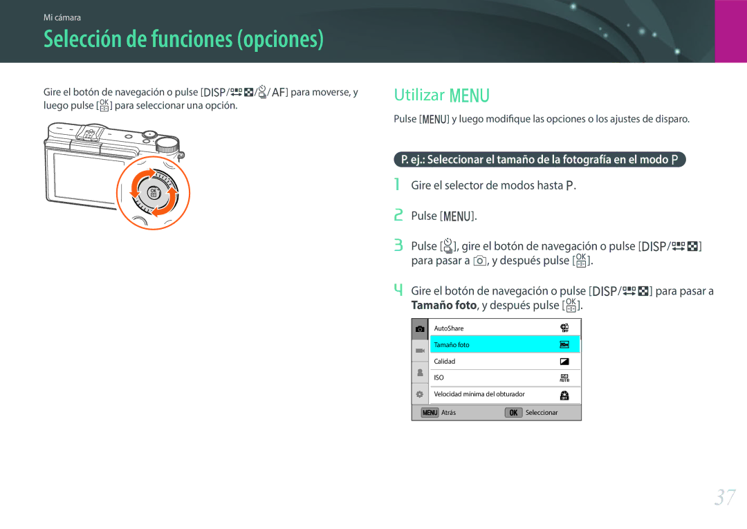 Samsung EV-NX3000BOHAT, EV-NX3000BOIPT, EV-NX3000BOIFR, EV-NX3000BOHES manual Selección de funciones opciones, Utilizar m 