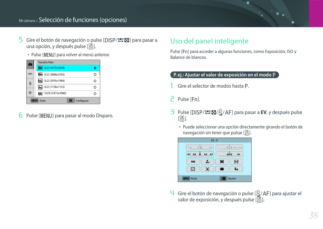 Samsung EV-NX3000BOIES Uso del panel inteligente, Pulse m para pasar al modo Disparo, Pulse m para volver al menú anterior 