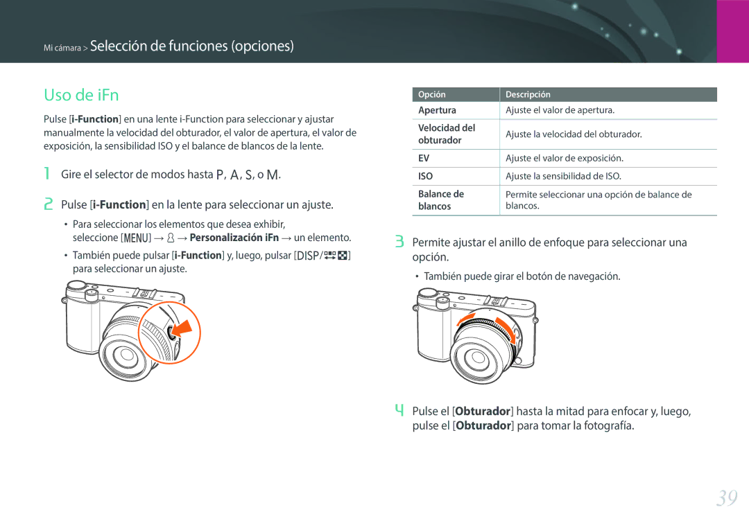 Samsung EV-NX3000BOIPT, EV-NX3000BOIFR, EV-NX3000BOHES, EV-NX3000BOHAT manual Uso de iFn, Ajuste la sensibilidad de ISO 