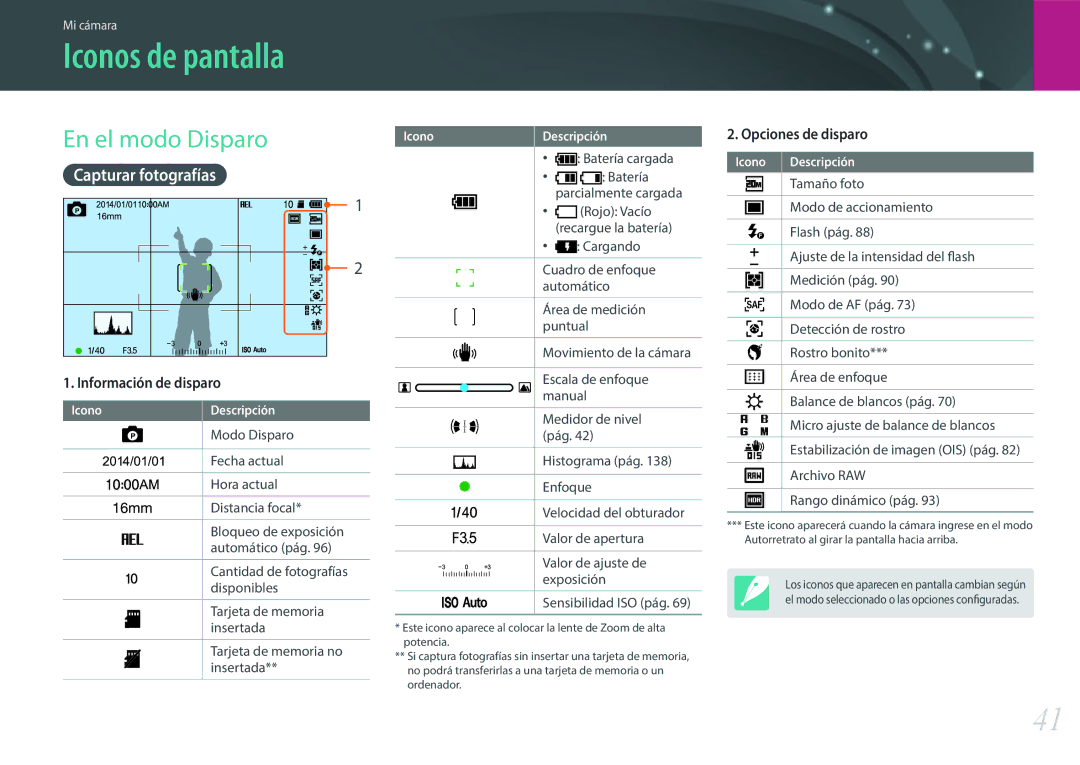 Samsung EV-NX3000BOHES, EV-NX3000BOIPT, EV-NX3000BOIFR manual Iconos de pantalla, En el modo Disparo, Capturar fotografías 