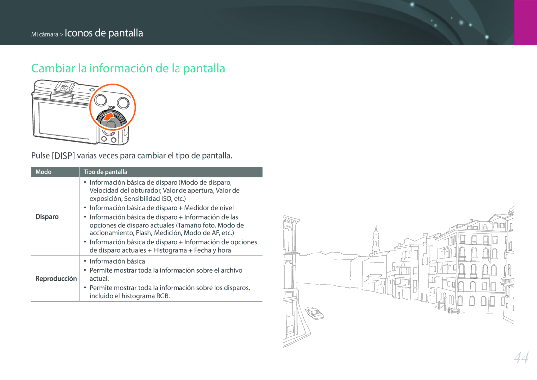 Samsung EV-NX3000BOIPT manual Cambiar la información de la pantalla, Pulse D varias veces para cambiar el tipo de pantalla 