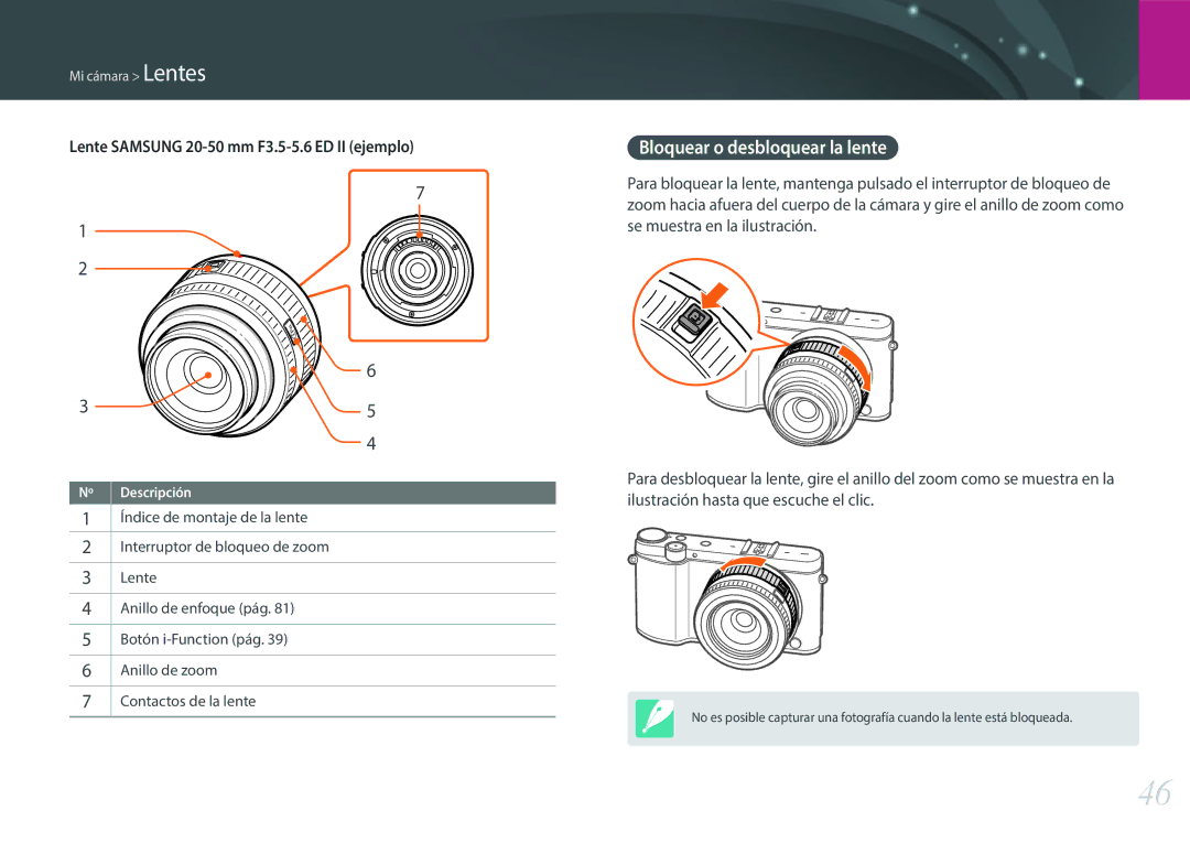 Samsung EV-NX3000BOHES, EV-NX3000BOIPT manual Bloquear o desbloquear la lente, Lente Samsung 20-50 mm F3.5-5.6 ED II ejemplo 