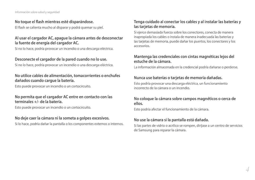 Samsung EV-NX3000BOIPT Desconecte el cargador de la pared cuando no lo use, No use la cámara si la pantalla está dañada 