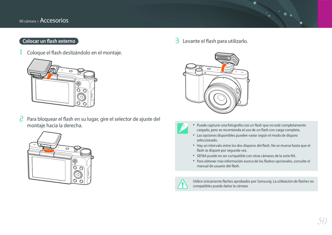 Samsung EV-NX3000BOIFR, EV-NX3000BOIPT, EV-NX3000BOHES, EV-NX3000BOHAT, EV-NX3000BOIES manual Colocar un flash externo, Montaje 