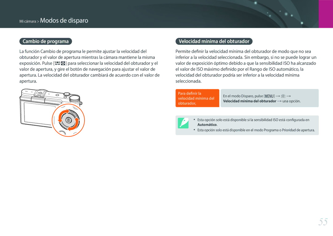 Samsung EV-NX3000BOIFR, EV-NX3000BOIPT, EV-NX3000BOHES, EV-NX3000BOHAT Cambio de programa, Velocidad mínima del obturador 