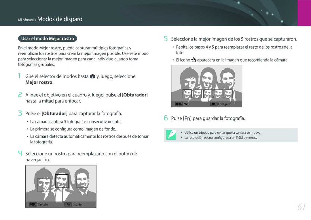Samsung EV-NX3000BOHES, EV-NX3000BOIPT, EV-NX3000BOIFR manual Usar el modo Mejor rostro, Pulse f para guardar la fotografía 
