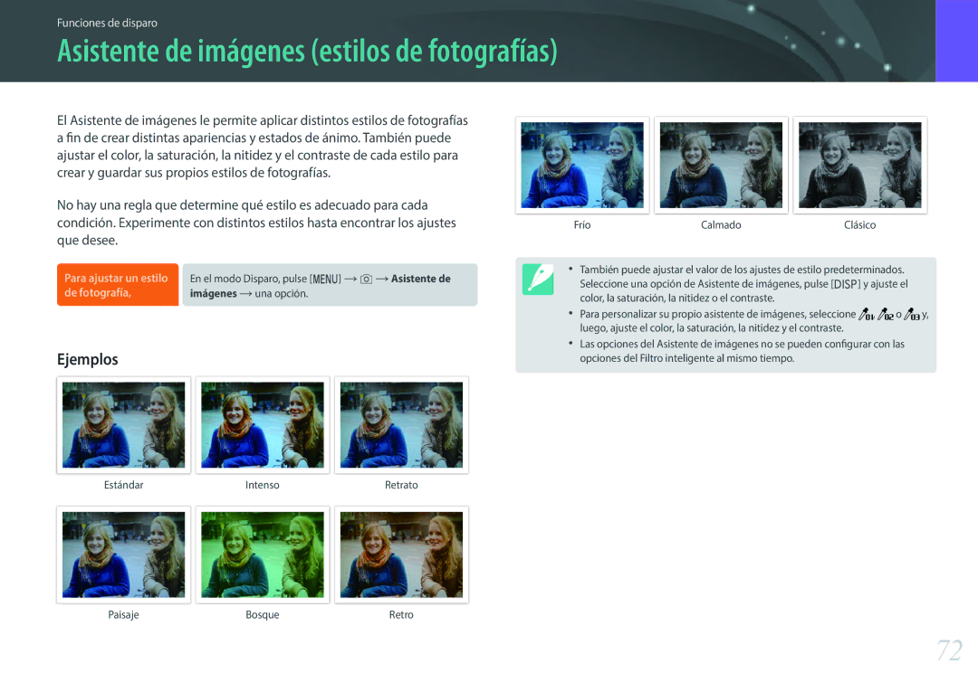 Samsung EV-NX3000BOHAT, EV-NX3000BOIPT, EV-NX3000BOIFR manual Asistente de imágenes estilos de fotografías, Ejemplos 