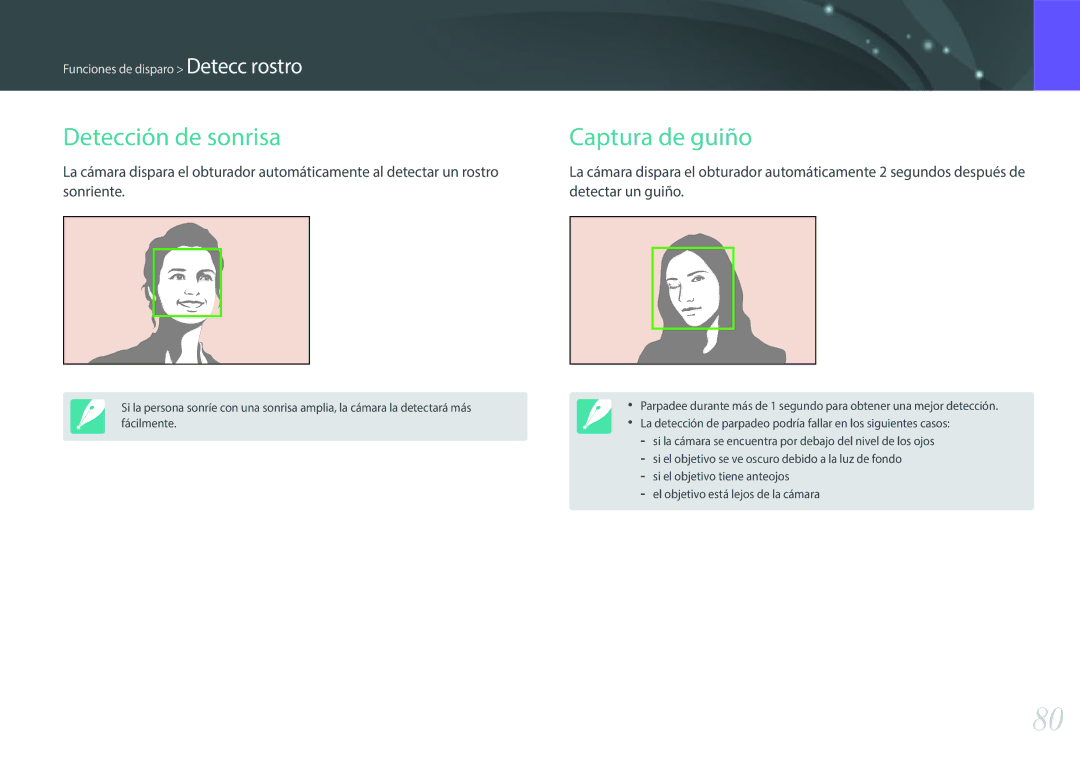 Samsung EV-NX3000BOIFR, EV-NX3000BOIPT, EV-NX3000BOHES, EV-NX3000BOHAT, EV-NX3000BOIES Detección de sonrisa, Captura de guiño 