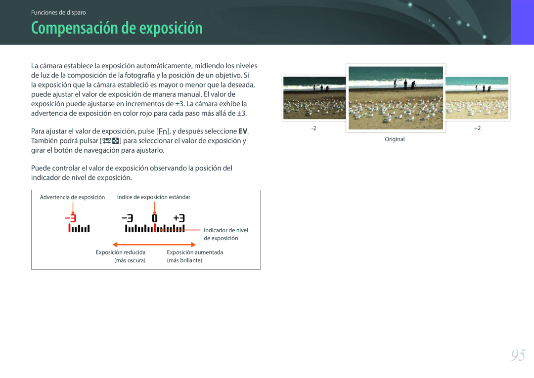 Samsung EV-NX3000BOIFR, EV-NX3000BOIPT, EV-NX3000BOHES, EV-NX3000BOHAT, EV-NX3000BOIES manual Compensación de exposición 