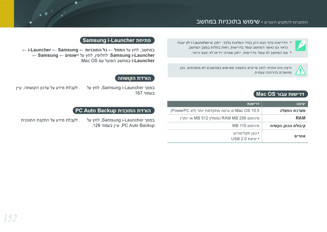 Samsung EV-NX3000BMJIL manual 152, Samsung i-Launcher תחיתפ, החשוקה תדרוה, PC Auto Backup תינכותה תדרוה, Mac OS רובע תושירד 