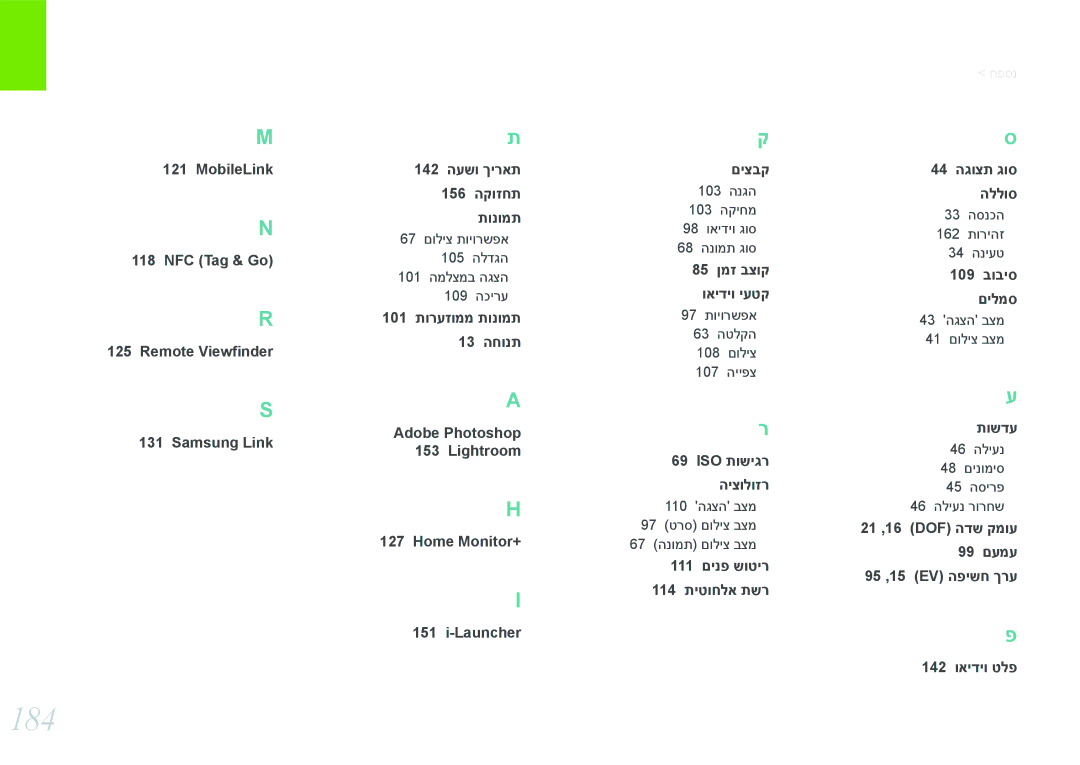 Samsung EV-NX3000BOIIL, EV-NX3000BOJIL, EV-NX3000BMIIL, EV-NX3000BMHIL, EV-NX3000BMJIL, EV-NX3000BOHIL manual 184, אינדקס נסאד 