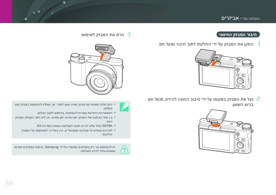 Samsung EV-NX3000BMJIL, EV-NX3000BOJIL, EV-NX3000BMIIL שומישל קזבמה תא םרה, םח לענמ רוביח ךותל ותקלחה ידי-לע קזבמה תא ןקתה 