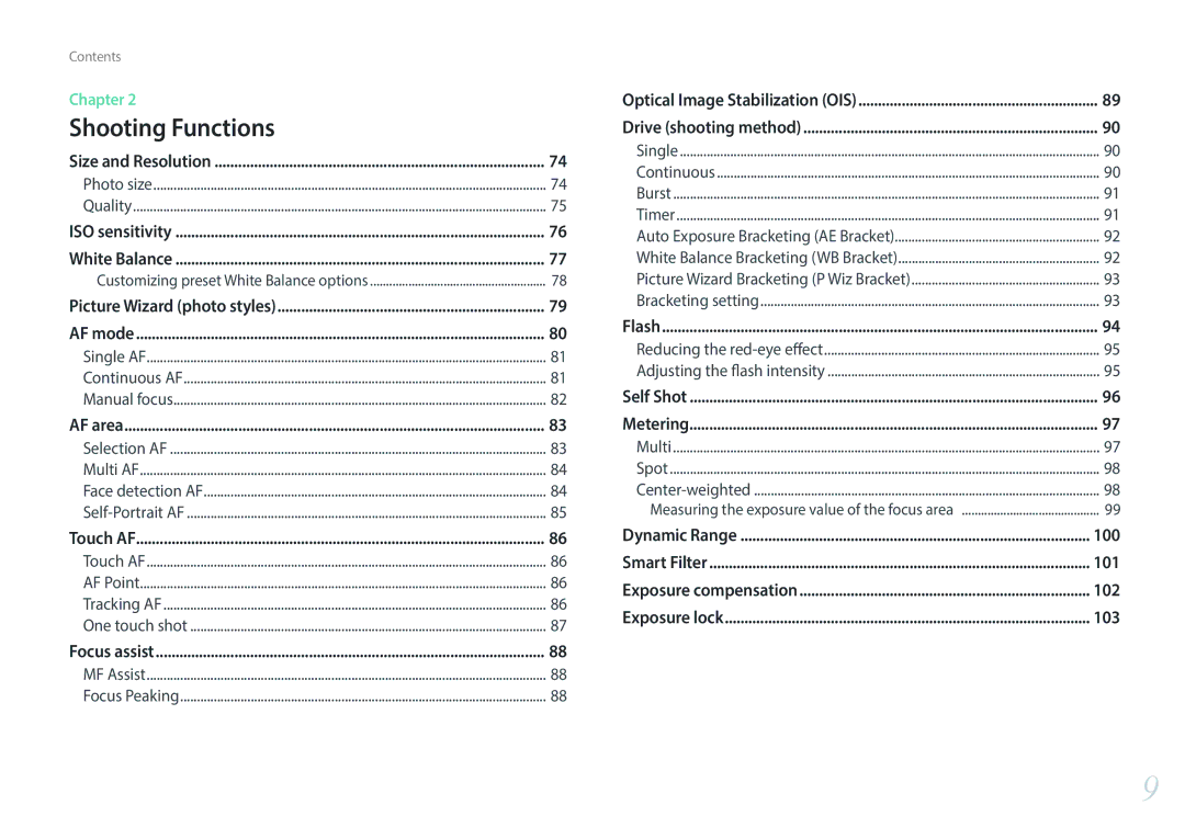 Samsung EV-NX300MBQUSA, EV-NX300MBQUDE, EV-NX300MBSTDE, EV-NX300MBMUDE, EV-NX300MBMTDE, EV-NX300MBMVDE manual 100, 101, 102, 103 