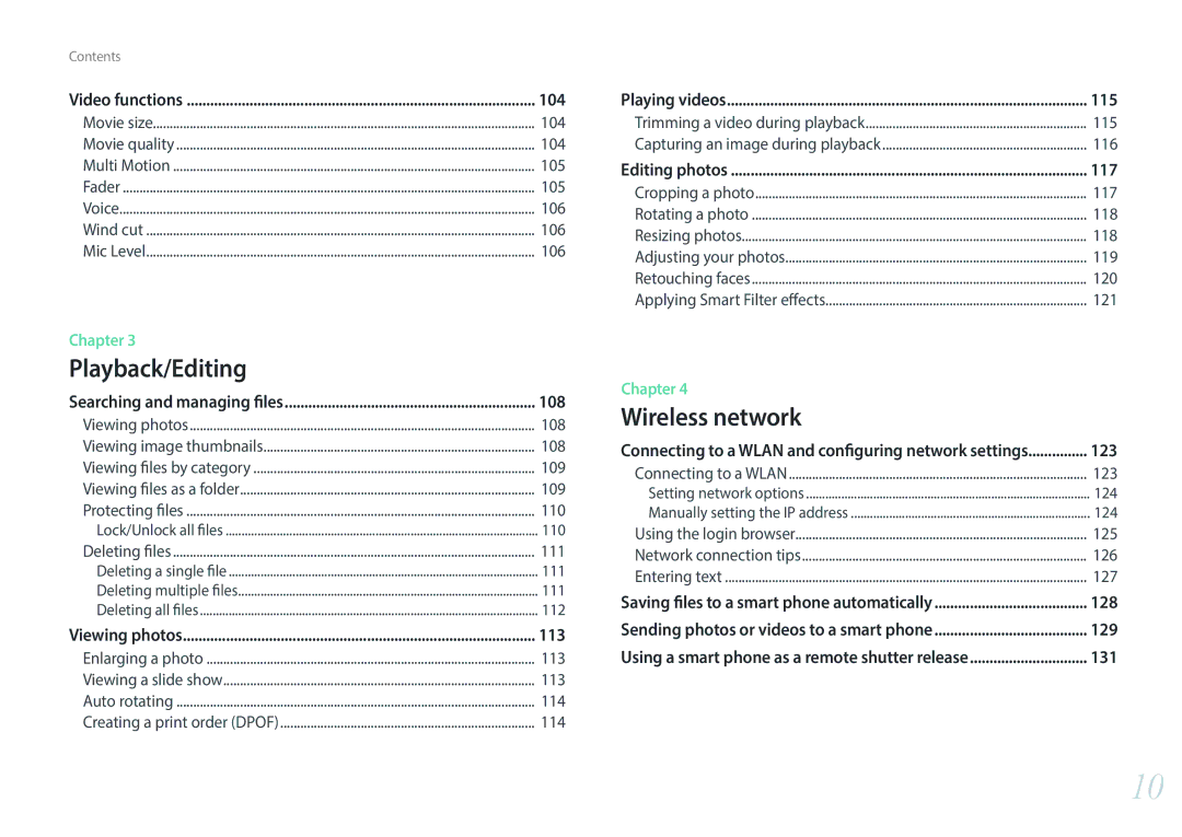 Samsung EV-NX300MBSVRU, EV-NX300MBQUDE, EV-NX300MBSTDE, EV-NX300MBMUDE manual 104, 105, 106, 108, 109, 110, 111, 113, 114 