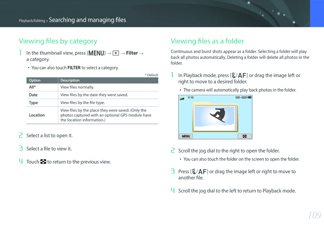 Samsung EV-NX300MBQUDE, EV-NX300MBSTDE, EV-NX300MBMUDE manual 109, Viewing files by category, Viewing files as a folder 