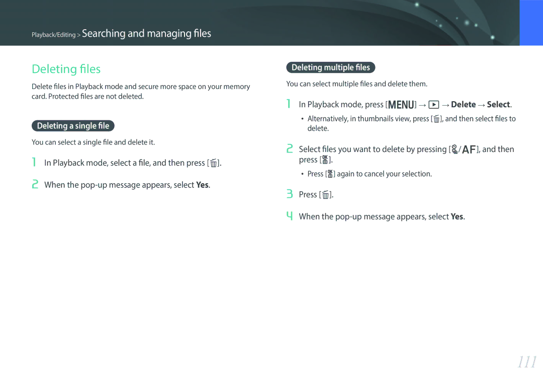 Samsung EV-NX300MBMUDE, EV-NX300MBQUDE, EV-NX300MBSTDE 111, Deleting files, Deleting a single file, Deleting multiple files 