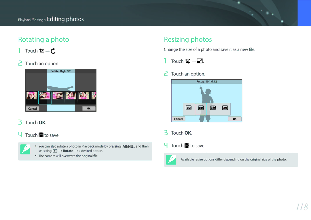 Samsung EV-NX300MBPUSA manual 118, Rotating a photo, Resizing photos, Touch Touch an option, Touch OK Touch to save 