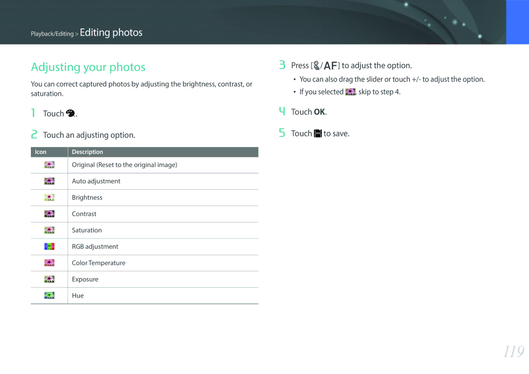 Samsung EV-NX300MBQUSA manual 119, Adjusting your photos, Touch Touch an adjusting option, Press C/F to adjust the option 