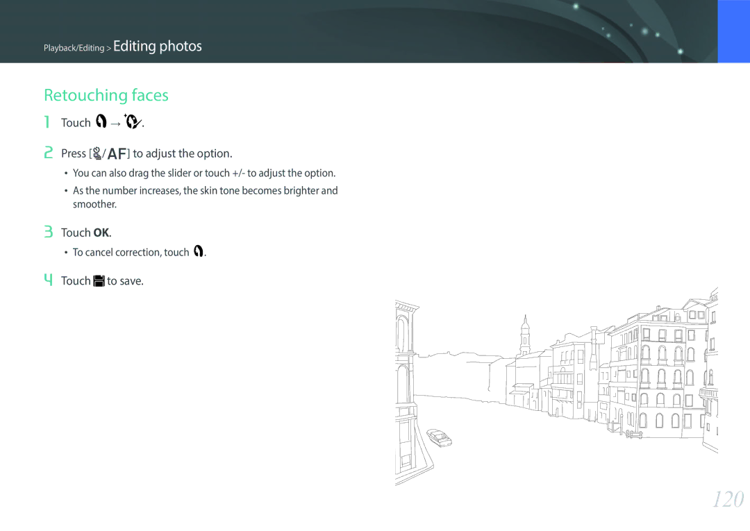 Samsung EV-NX300MBSVRU, EV-NX300MBQUDE, EV-NX300MBSTDE manual 120, Retouching faces, Touch Press C/F to adjust the option 