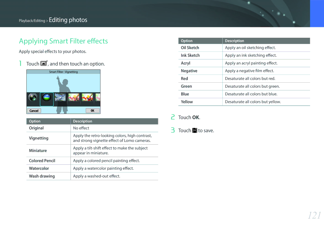 Samsung EV-NX300MBSTSA, EV-NX300MBQUDE manual 121, Applying Smart Filter effects, Touch , and then touch an option, Original 