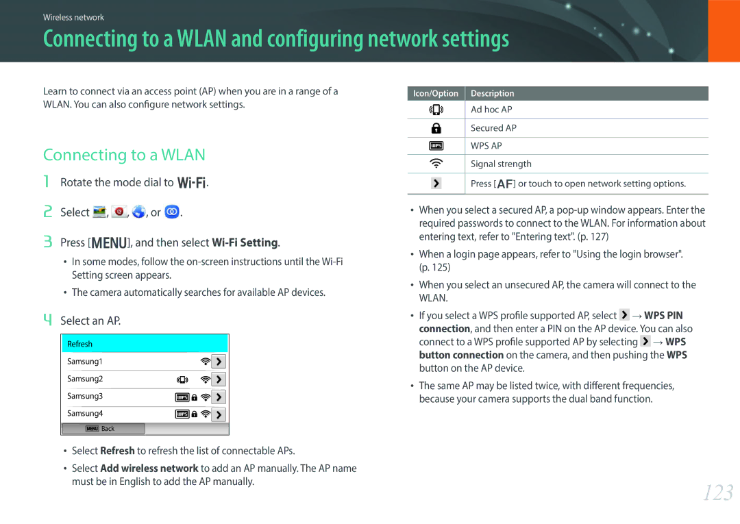 Samsung EV-NX300MBUTRU Connecting to a Wlan and configuring network settings, 123, Select an AP, Ad hoc AP Secured AP 