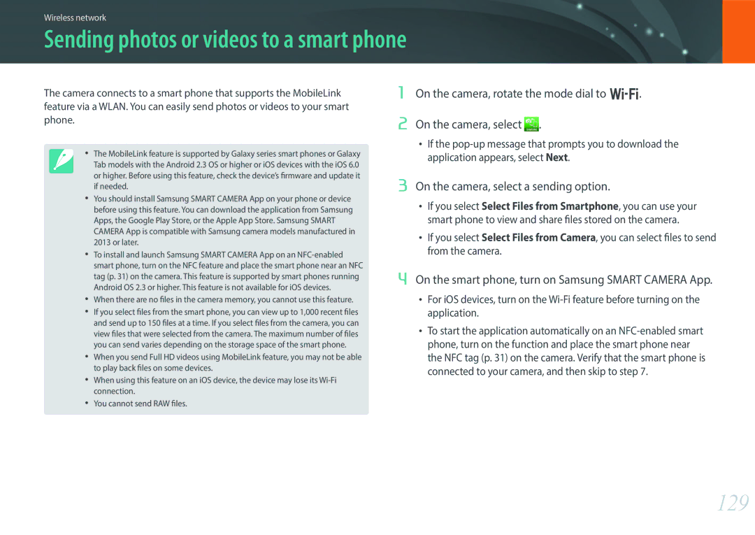 Samsung EV-NX300MBSTSE manual Sending photos or videos to a smart phone, 129, On the camera, select a sending option 