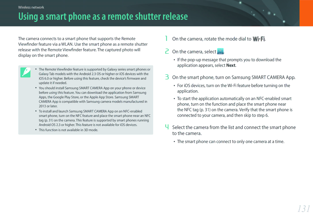 Samsung EV-NX300MBQUDE, EV-NX300MBSTDE, EV-NX300MBMUDE, EV-NX300MBMTDE Using a smart phone as a remote shutter release, 131 