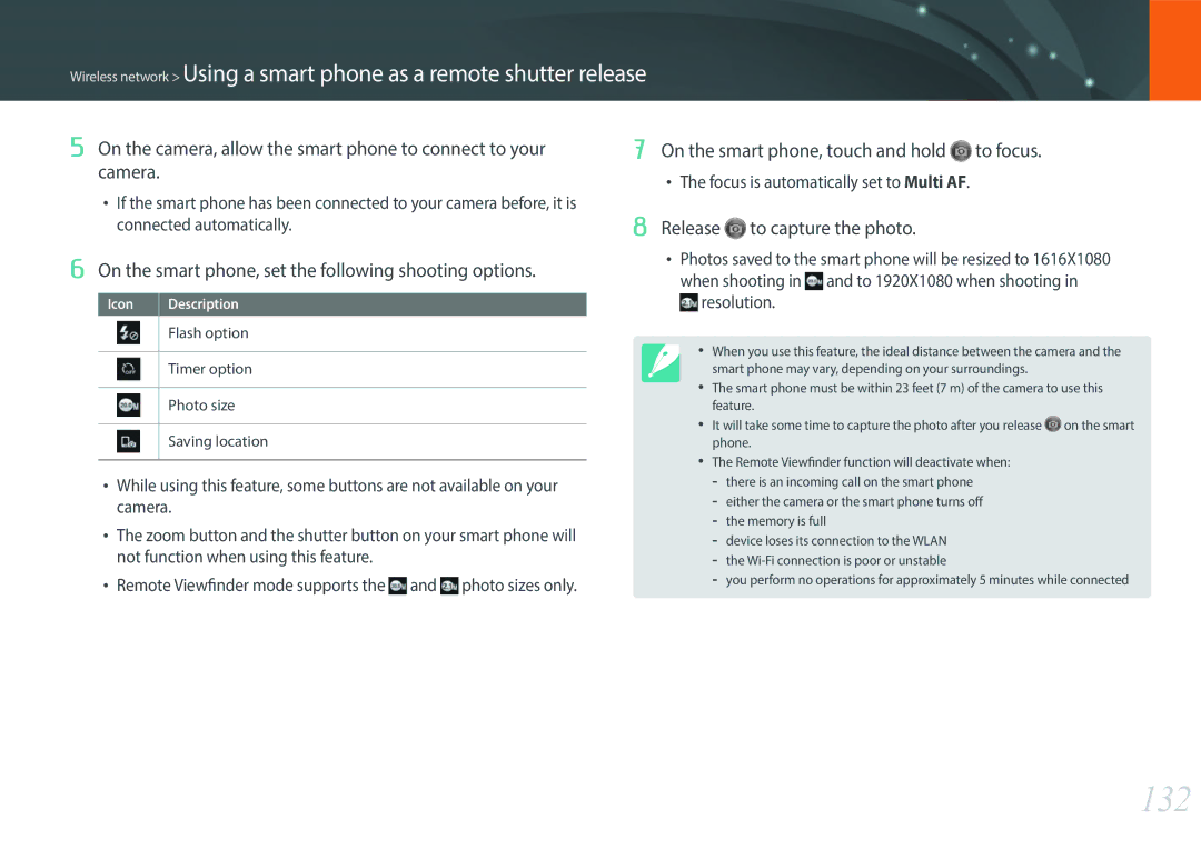 Samsung EV-NX300MBSTDE manual 132, On the smart phone, set the following shooting options, Release to capture the photo 