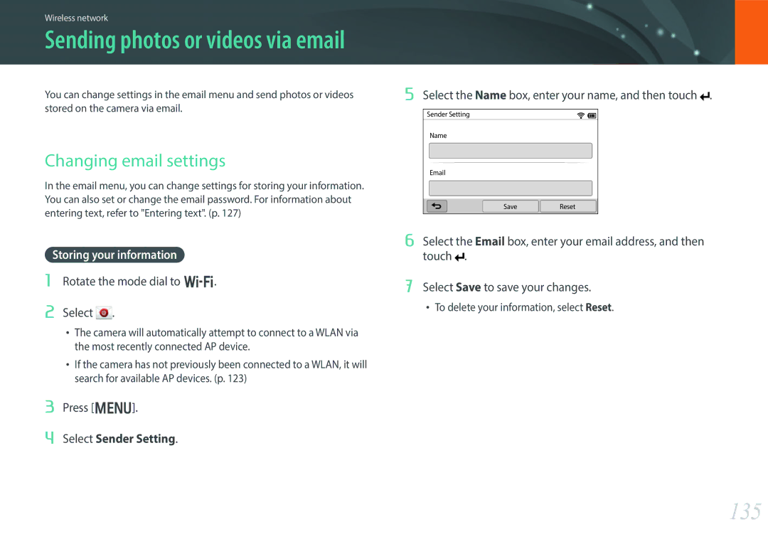 Samsung EV-NX300MBMVDE, EV-NX300MBQUDE, EV-NX300MBSTDE manual 135, Changing email settings, Storing your information 