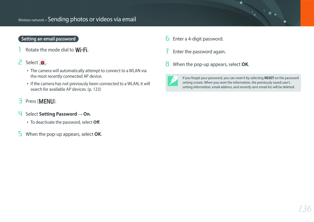 Samsung EV-NX300MBUTDE, EV-NX300MBQUDE, EV-NX300MBSTDE, EV-NX300MBMUDE, EV-NX300MBMTDE manual 136, Setting an email password 