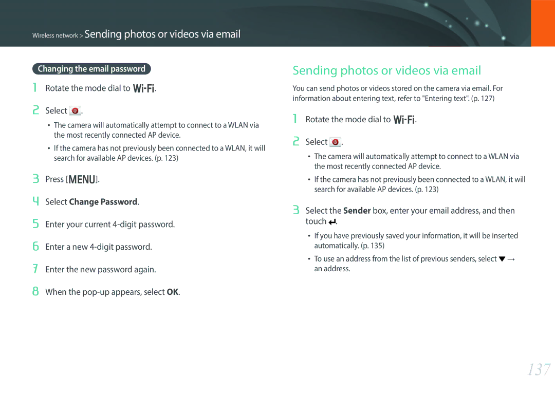 Samsung EV-NX300MBSVDE, EV-NX300MBQUDE, EV-NX300MBSTDE 137, Sending photos or videos via email, Changing the email password 