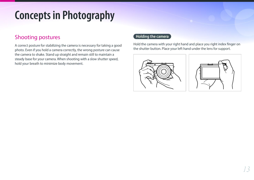 Samsung EV-NX300MBUTRU, EV-NX300MBQUDE, EV-NX300MBSTDE, EV-NX300MBMUDE manual Concepts in Photography, Holding the camera 