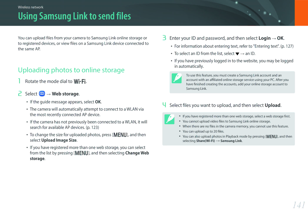 Samsung EV-NX300MBQUSA manual 141, Uploading photos to online storage, Enter your ID and password, and then select Login OK 