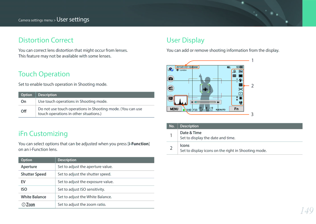 Samsung EV-NX300MBUVSA, EV-NX300MBQUDE manual 149, Distortion Correct, Touch Operation, IFn Customizing, User Display 